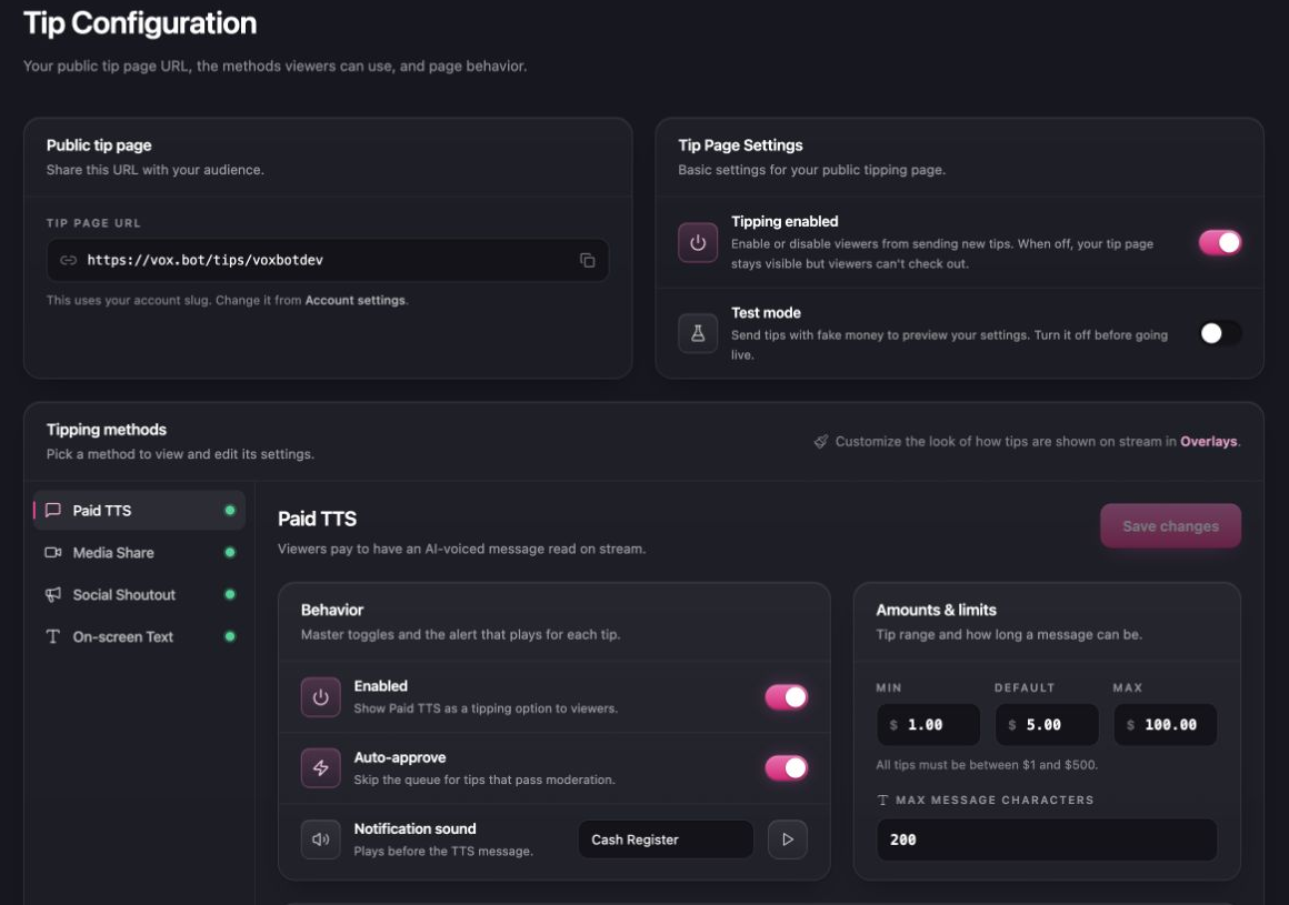 The VoxBot Tip Configuration page showing the public tip page and available tipping methods