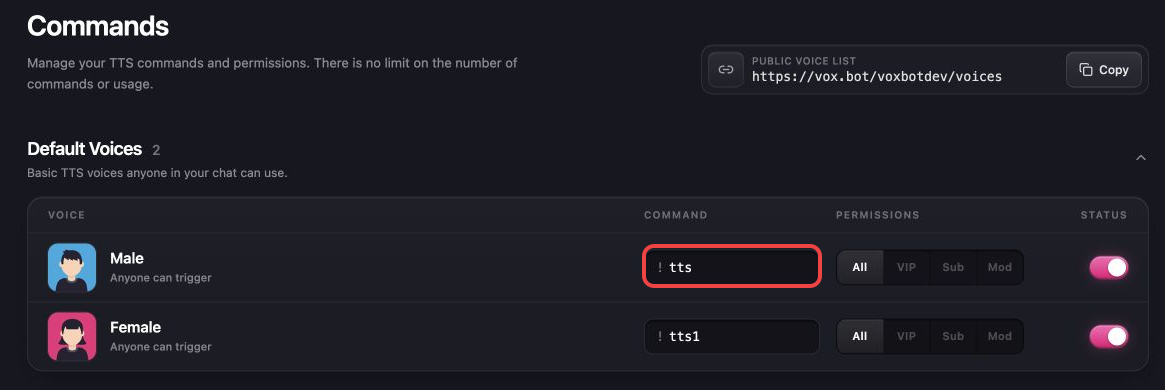 The VoxBot Commands page with the default TTS command highlighted